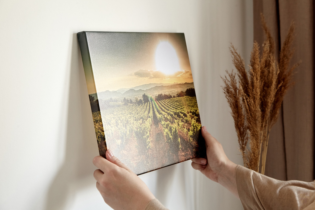 Person Mounting a Canvas Print on the Wall